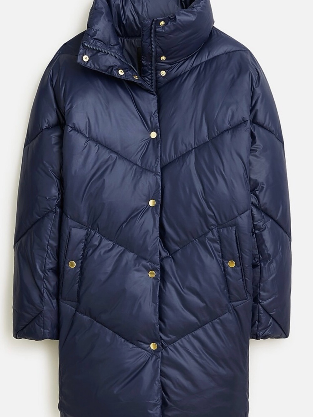 J. Crew Navy Quilted Long Puffer Coat with High Stand Collar